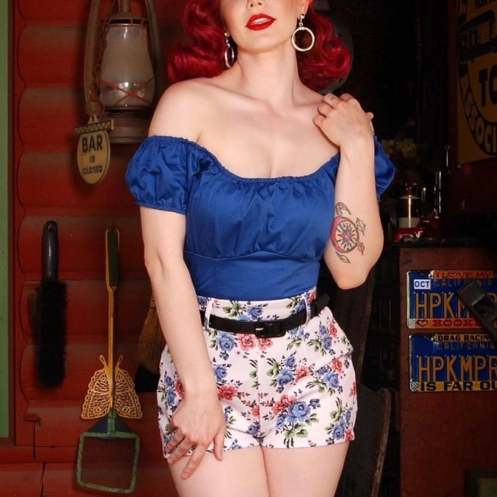 Pinup Couture Blue Peasant Top Sz 4X Plus 70s 80s RockaBilly Retro Costume Event